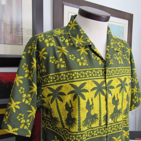 Vintage Ocean Pacific OP Hawaiian Shirt Green Palm Trees Women Dancing Large EUC - Picture 6 of 15